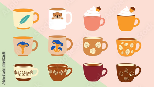 Assorted Coffee Cups with Various Designs and Patterns.