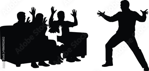 Group Silhouette with Raised Hands Facing Standing Man Vector Illustration