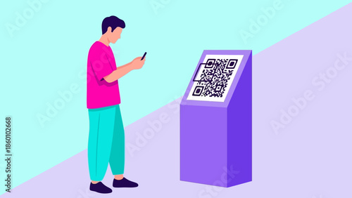 Man scanning QR code on digital display.
