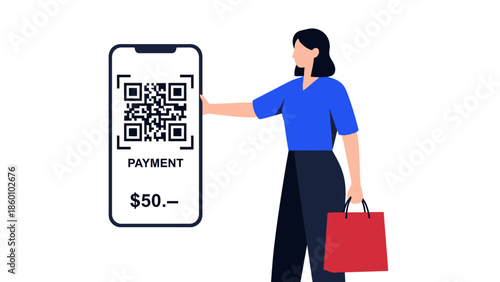 Woman making payment using QR code on mobile phone.