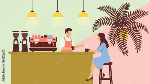 Woman enjoying coffee served by barista in a modern cafe.