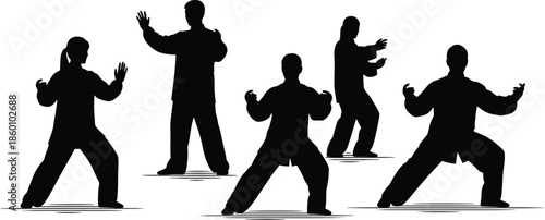 Tai Chi Silhouettes Set Vector Illustration of People Practicing Chinese Martial Art Poses for Health and Wellness