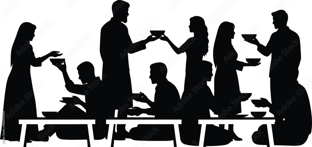 Fototapeta premium Communal Dinner Gathering Silhouette Vector Illustration
