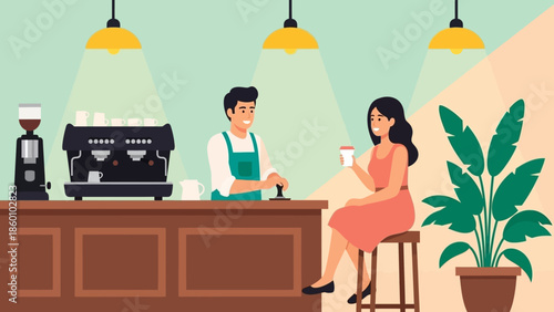 Woman enjoying coffee at a modern coffee shop counter with a friendly barista.