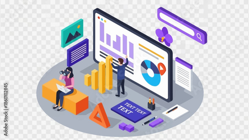 Isometric illustration of data analysis on a large computer screen.