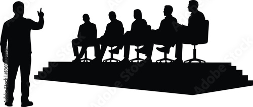 Silhouette vector of presenter addressing a seated business panel on a stage during a conference or corporate meeting
