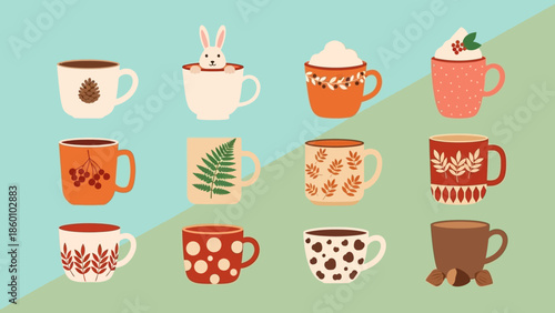 Assorted Coffee Cups with Various Designs and Patterns.
