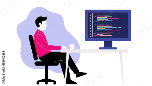 Man working on computer with coding on screen.