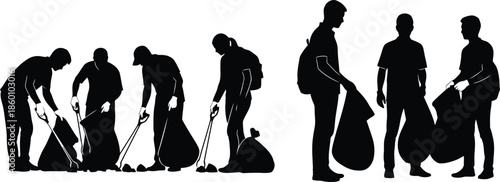 Black silhouette set of volunteers picking up trash with grabber tools and collecting garbage bags Environmental cleanup vector graphics
