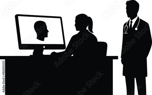 Healthcare Administration Silhouette Doctor and Receptionist at Computer Screen with Patient Data