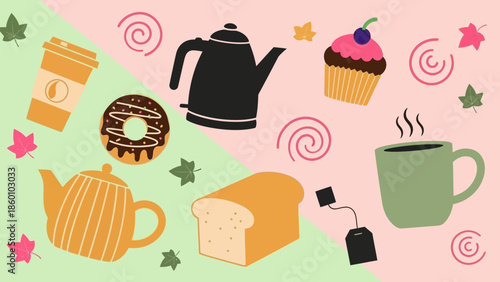 Assorted Tea Time Treats and Beverages on a Pastel Background.