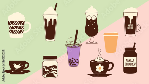 Assorted Coffee and Chocolate Drinks in Various Containers.