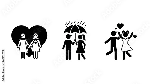Three adorable stick figure illustrations of couples in loving and happy moments on white
