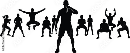 Group Fitness Class Silhouette Vector Coach Leading People in Workout and Exercise Training