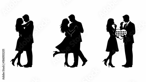 Romantic couple silhouette in three different scenes embracing dancing and receiving chocolate box gift