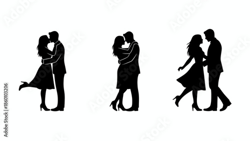Romantic couple silhouette in three different poses expressing love affection dating relationship and happy anniversary