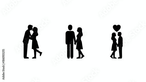 Couple silhouettes showing affection with kiss holding hands and heart symbol icon