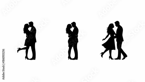 Romantic couple silhouette in three different poses expressing love affection and dating on valentines day