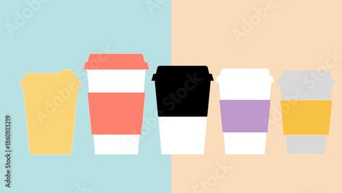 Five disposable coffee cups with different colored sleeves and lids.