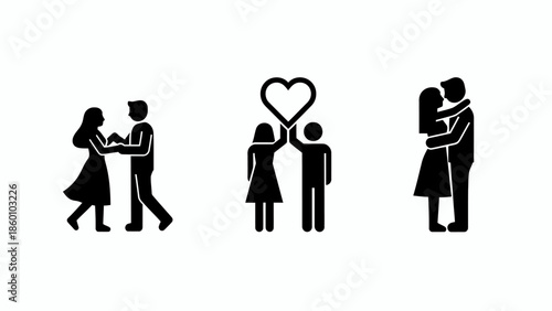 Couple dancing couple holding heart and couple hugging vector icons