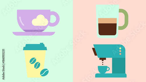 Coffee Cups and Coffee Maker Icons in Pastel Colors.