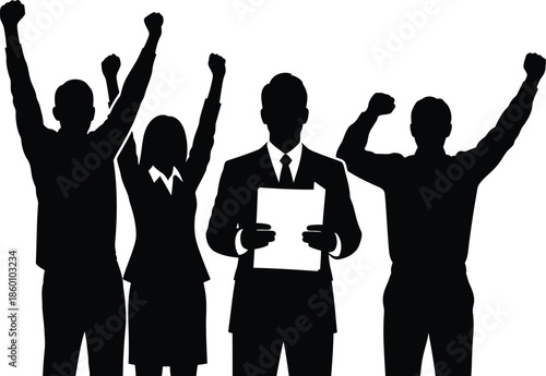 Successful business team silhouette celebrating achievement with raised fists and leader holding documents