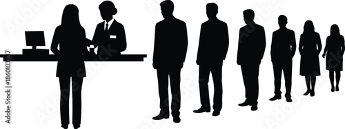 Queue of business people silhouettes waiting at a service desk or reception counter vector illustration