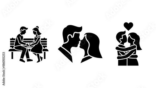 Couple holding hands on bench and couple kissing and couple hugging with heart vector icons