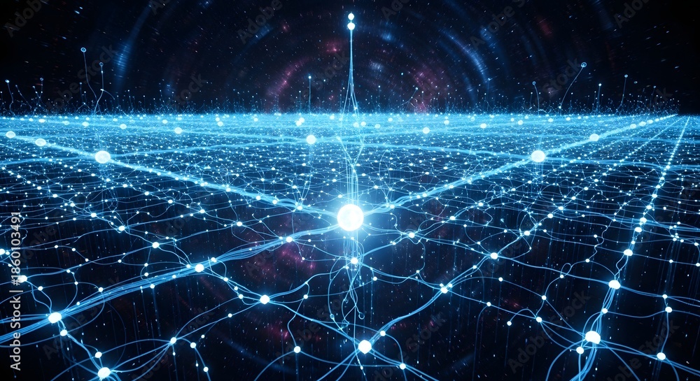 Obraz premium Abstract visualization of a massive digital neural network structure expanding across a dark cosmic space representing artificial intelligence data processing.