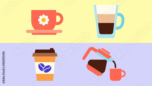 Assorted Coffee Cups and Coffee Makers in Various Styles.