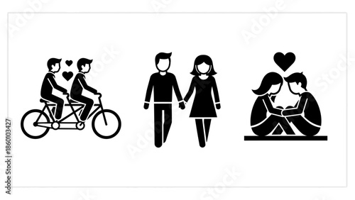 Couple riding bicycle and walking holding hands and romantic moment