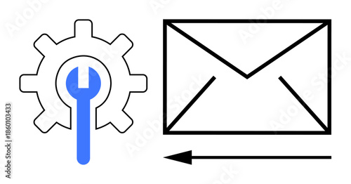 Email configuration. A gear with a wrench settings and customization next to an envelope email. Email configuration, settings, and functionality . Use for tech tools, communication, maintenance