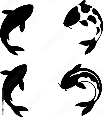 Icon, 4 koi fish illustrations, silhouette, transparent background