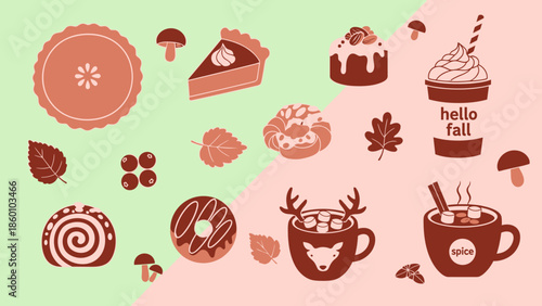 Autumn-themed illustration with seasonal treats and drinks.