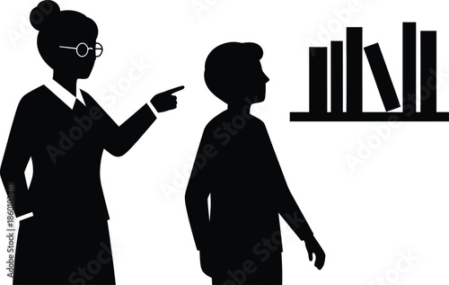Black silhouette of a female teacher pointing or instructing a student next to a bookshelf education and authority concept vector illustration