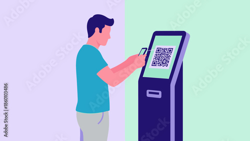 Man using mobile phone to scan QR code on digital kiosk.
