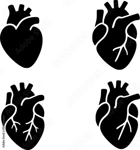 Anatomy icon, 4 heart illustrations, silhouette, transparent background