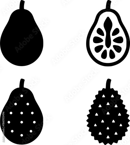 Icon, 4 jackfruit illustrations, silhouette, transparent background