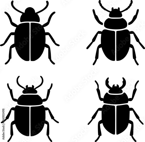 Icon, 4 beetle illustrations, silhouettes, transparent background