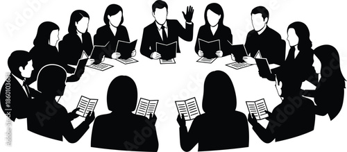 Business Meeting Conference Silhouettes Around Table Vector Graphic with Raised Hand for Question or Vote