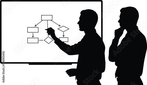Businessmen Silhouette Drawing Flowchart on Whiteboard Vector Presentation Diagram Analysis Strategy Planning Workflow Icon