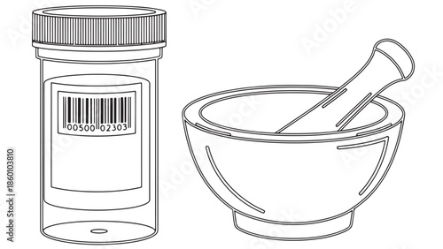 Black and white line art illustration of a pharmacy pill bottle with mortar and pestle for pharmaceutical industry branding and traditional apothecary science concepts.