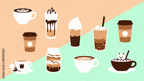 Assorted Coffee and Tea Drinks in Various Cups.