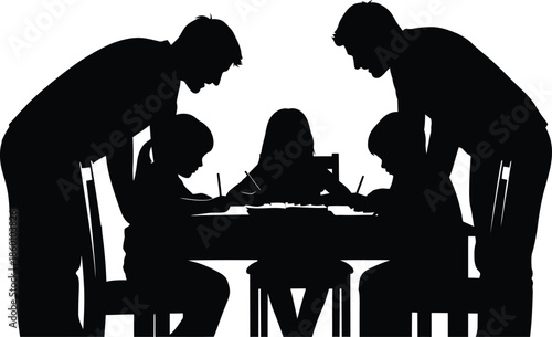 Silhouettes of adults supervising three children studying or doing homework at a table