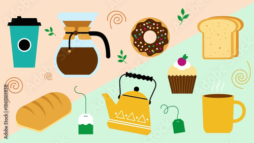 Assorted breakfast items including coffee, pastries, and bread.