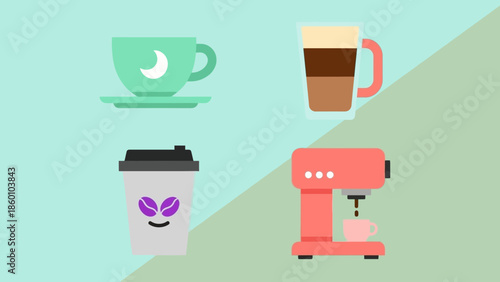 Assorted Coffee Cups and Coffee Machine Illustration.