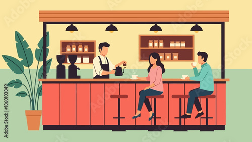 People socializing at a modern bar with bartender serving drinks.