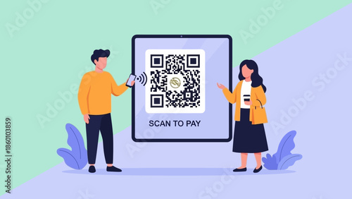 Man and woman interacting with a large QR code for payment.