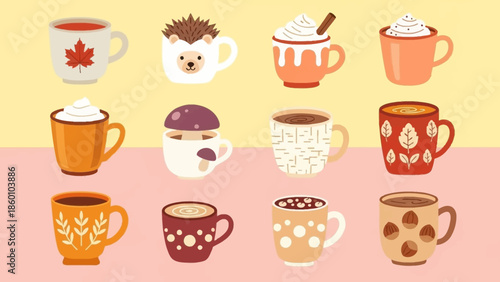 Assorted cartoon coffee cups with various designs and patterns.