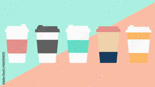 Diverse collection of five disposable coffee cups with various colored sleeves arranged on a pastel background